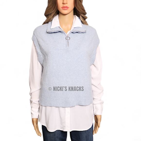 Pink Rose Light Blue Quarter Zip Sweater Vest Ribbed Collar Knit Top Size M - Picture 2 of 15
